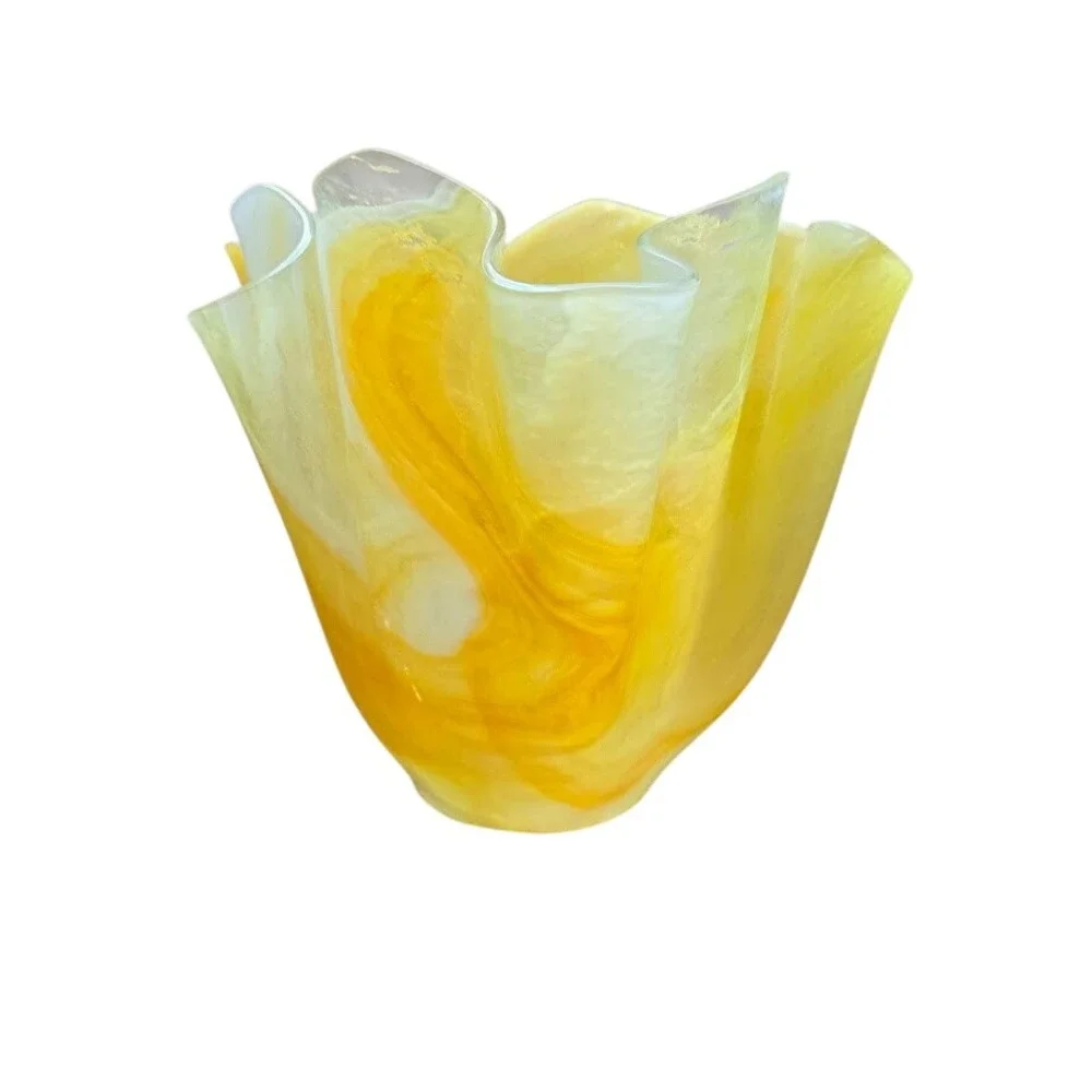 VTG Bright Yellow‎ & White Swirled Handkerchief - Folded Glass Vase 7
